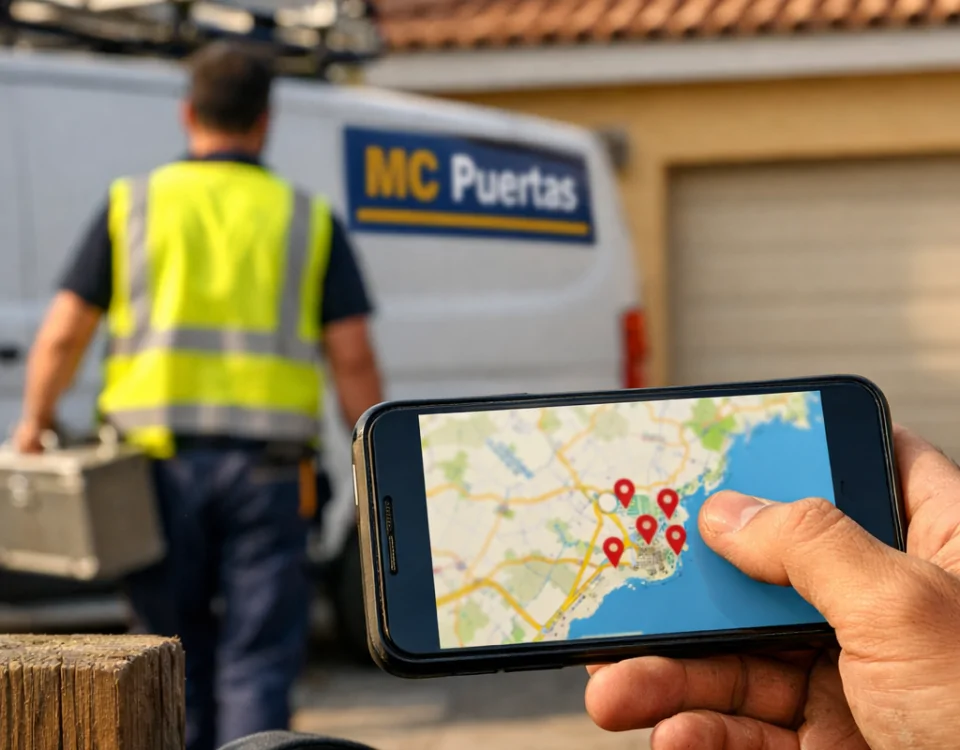 Primer plano de una mano sosteniendo un smartphone mostrando un mapa; busca "Donde puedo encontrar reparadores de puertas de garaje especializados cerca de mi ubicacion".