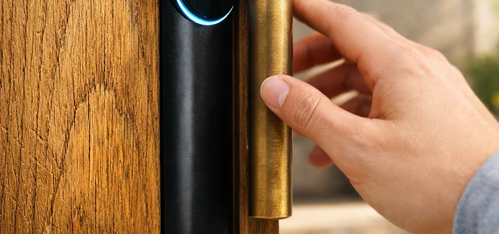 Detalle de puerta de entrada que muestra tendencias actuales en diseño: madera de roble, hardware negro y bronce cepillado.