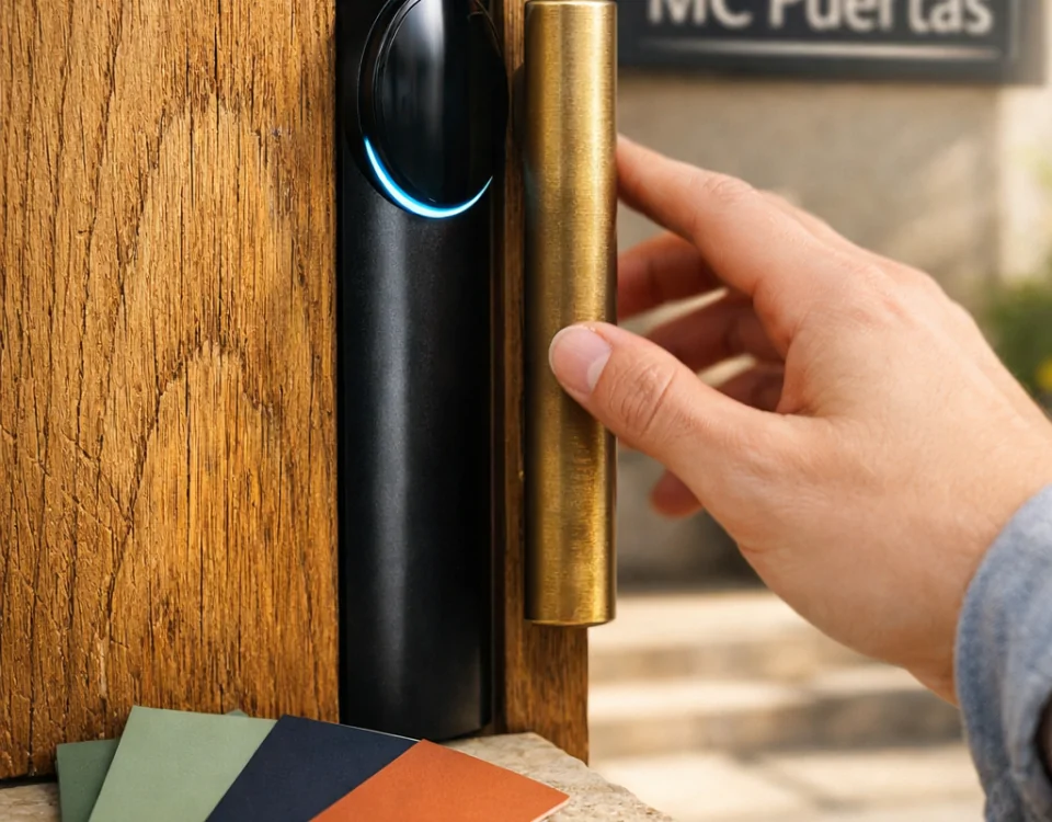 Detalle de puerta de entrada que muestra tendencias actuales en diseño: madera de roble, hardware negro y bronce cepillado.