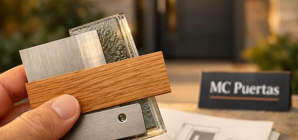 Mano de propietario sosteniendo muestras de materiales y acabados, con un fondo de puerta de entrada personalizada iluminada. Donde adquirir puertas de entrada personalizadas para hogares.