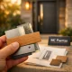 Mano de propietario sosteniendo muestras de materiales y acabados, con un fondo de puerta de entrada personalizada iluminada. Donde adquirir puertas de entrada personalizadas para hogares.
