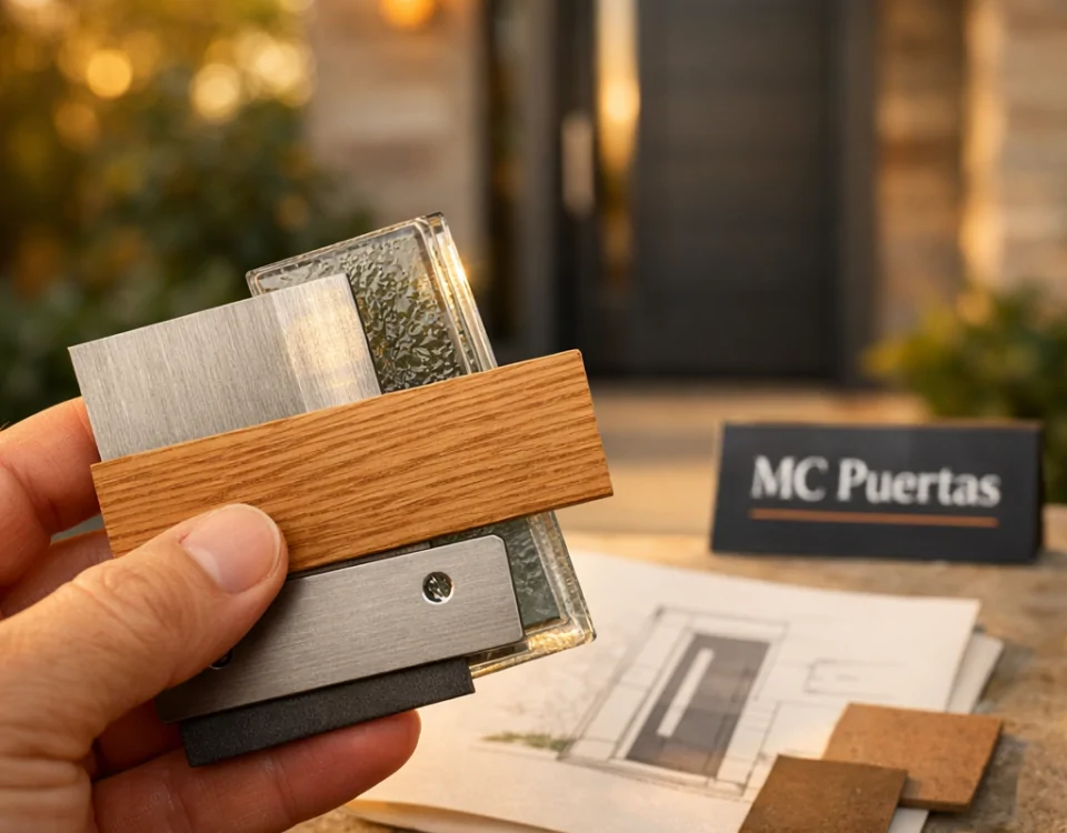 Mano de propietario sosteniendo muestras de materiales y acabados, con un fondo de puerta de entrada personalizada iluminada. Donde adquirir puertas de entrada personalizadas para hogares.