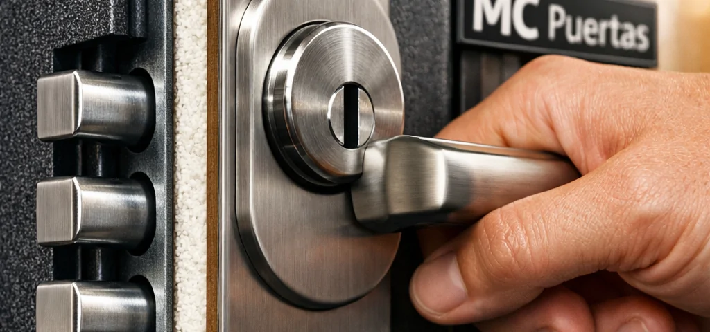 Primer plano extremo de una puerta blindada moderna, destacando su seguridad y materiales, ideal para entender "Cuales son las ventajas de las puertas blindadas respecto a las estandar".