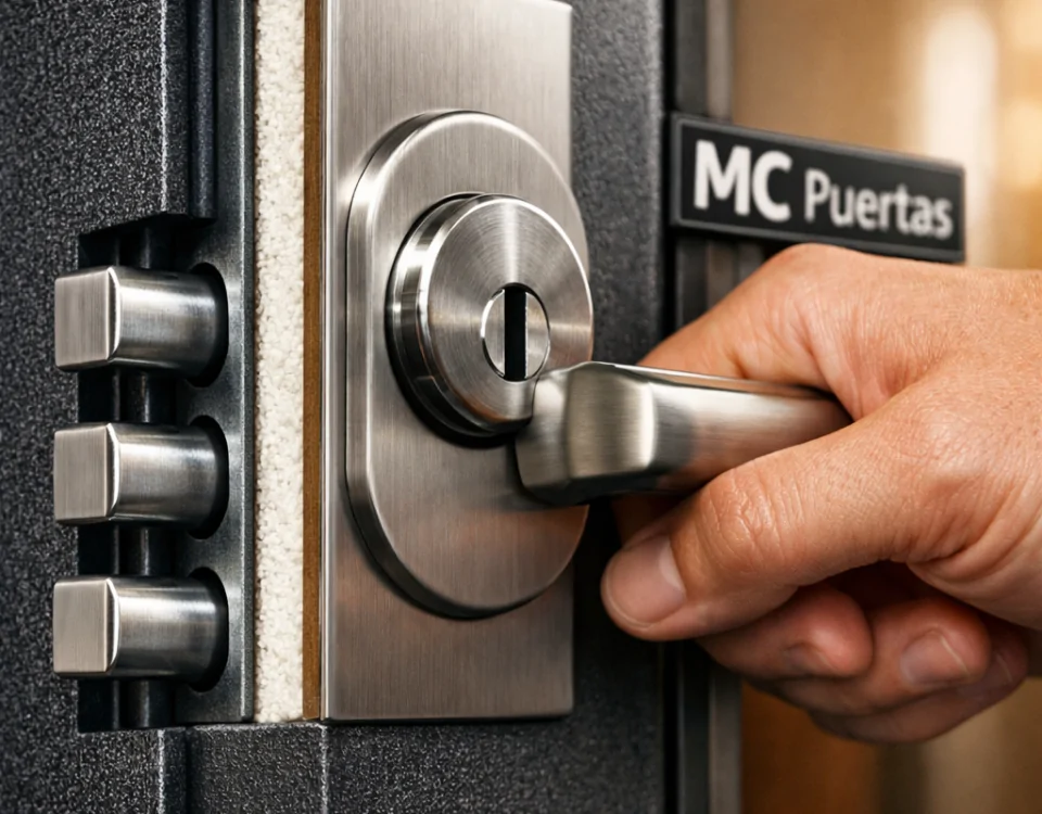 Primer plano extremo de una puerta blindada moderna, destacando su seguridad y materiales, ideal para entender "Cuales son las ventajas de las puertas blindadas respecto a las estandar".