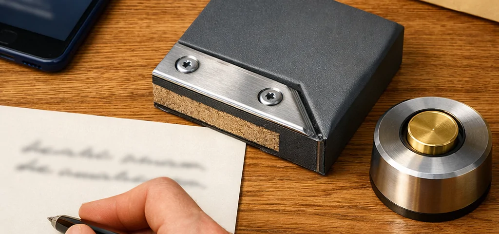 Mano con pluma sobre tarjeta borrosa, muestra de puerta blindada y teléfono, resaltando ventajas de puertas blindadas. Mano con pluma sobre tarjeta borrosa, muestra de puerta blindada y teléfono, resaltando ventajas de puertas blindadas.