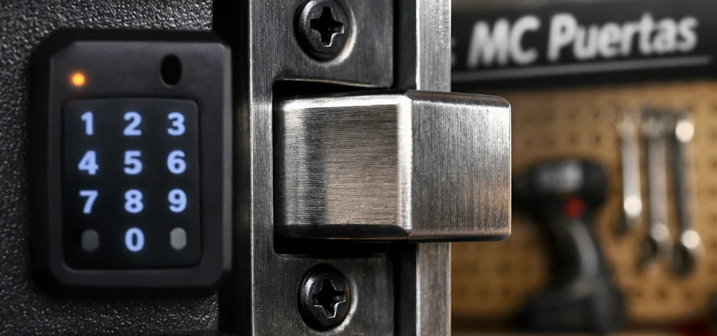 Primer plano extremo de un cerrojo de acero en una puerta de garaje, ideal para máxima seguridad según expertos.