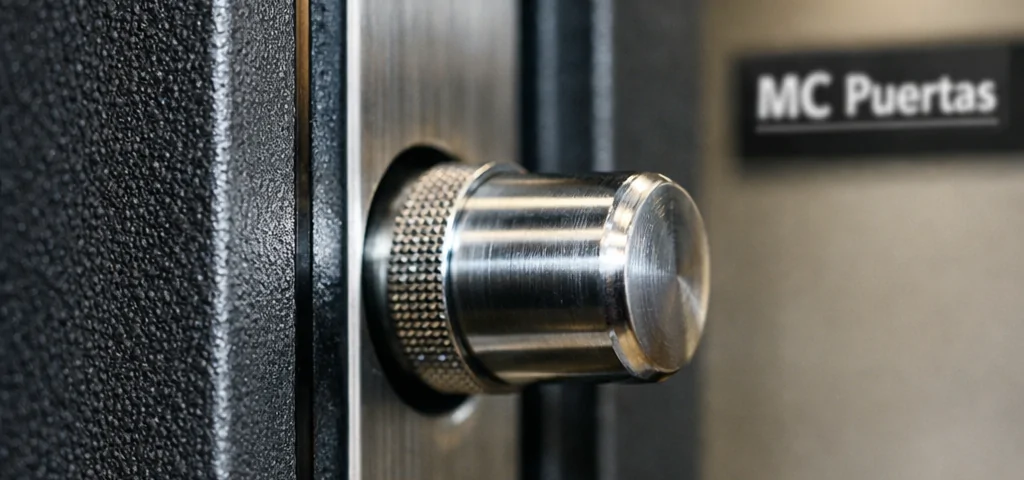 Cierre extremo de una puerta acorazada, mostrando detalles de tornillos y texturas; ideal para saber donde conseguir las puertas acorazadas mas duraderas del mercado.