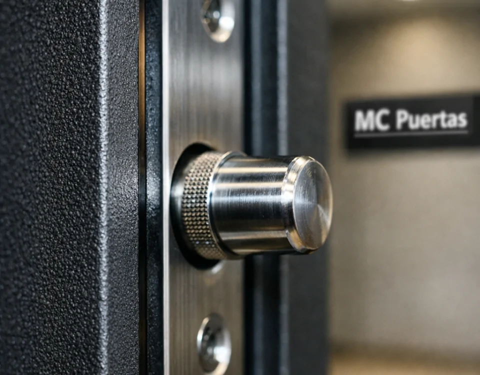 Cierre extremo de una puerta acorazada, mostrando detalles de tornillos y texturas; ideal para saber donde conseguir las puertas acorazadas mas duraderas del mercado.