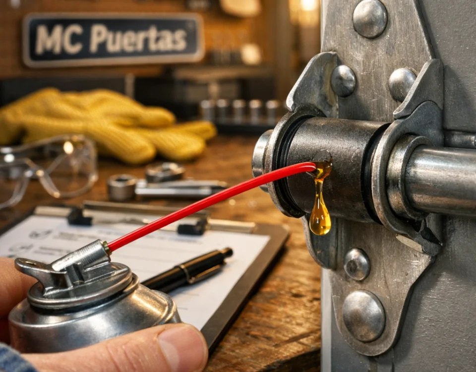 Primer plano de un bisagra de puerta de garaje siendo lubricada; que mantenimiento requiere una puerta de garaje para prolongar su vida util.