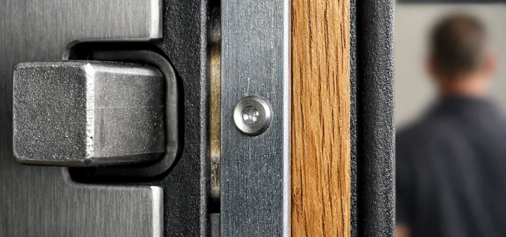 Primer plano de la unión entre puerta acorazada y puerta blindada, mostrando diferencias en materiales y texturas. Cuales son las diferencias entre puertas acorazadas y puertas blindadas.