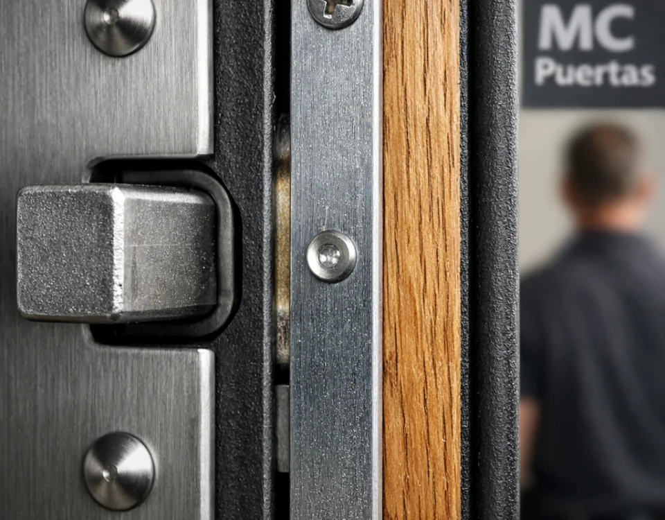 Primer plano de la unión entre puerta acorazada y puerta blindada, mostrando diferencias en materiales y texturas. Cuales son las diferencias entre puertas acorazadas y puertas blindadas.