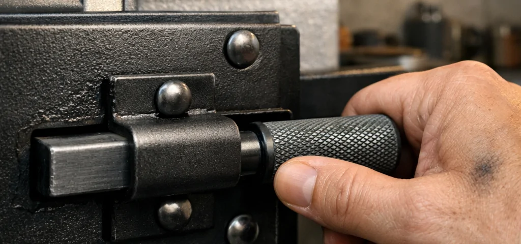 Primer plano de un cerrojo de garaje, mostrando detalles de seguridad y texturas, ideal para explorar qué tipos de puertas de garaje ofrecen mayor seguridad.