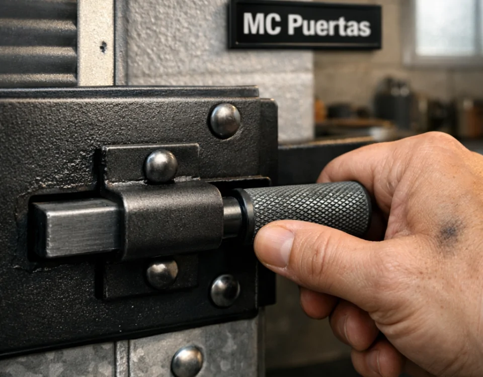 Primer plano de un cerrojo de garaje, mostrando detalles de seguridad y texturas, ideal para explorar qué tipos de puertas de garaje ofrecen mayor seguridad.