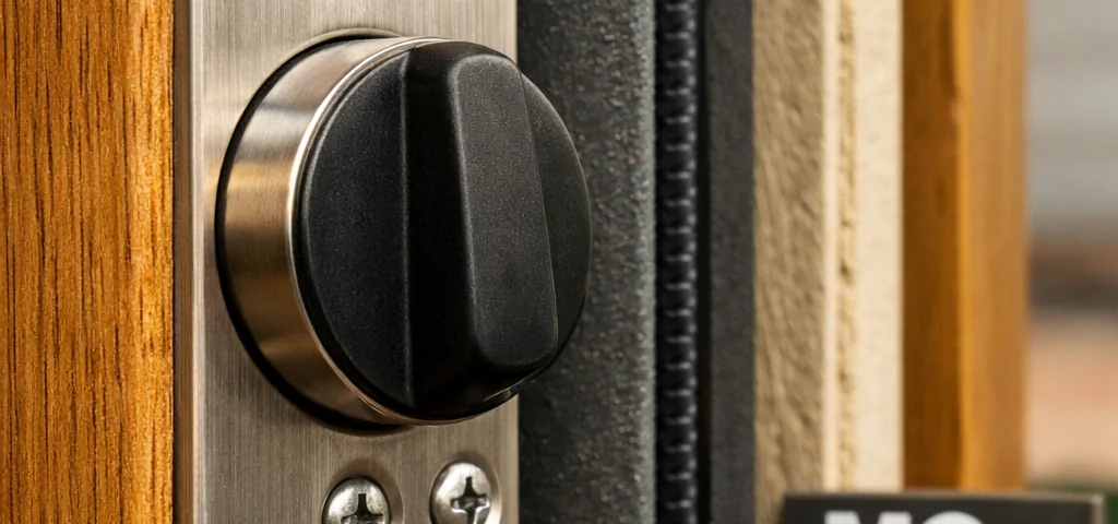 Macro de un cerrojo y muestras de borde de puerta, ideal para comparar qué puertas de entrada son mejores para una mayor seguridad residencial.