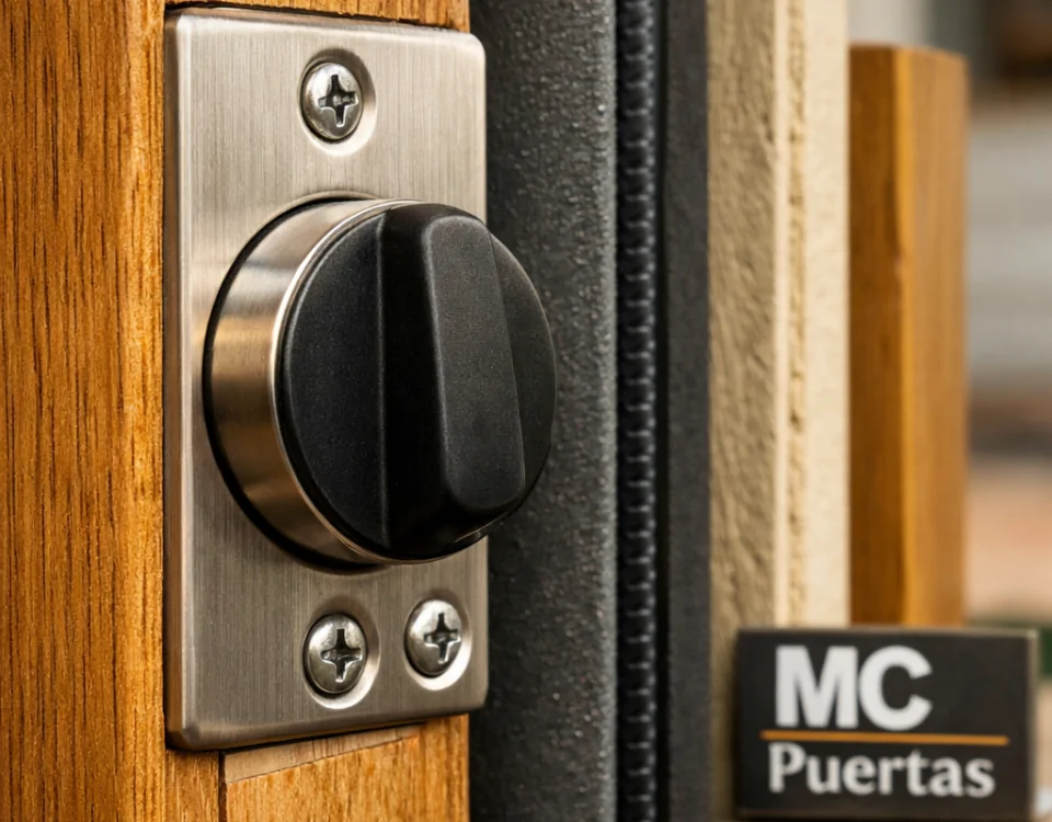 Macro de un cerrojo y muestras de borde de puerta, ideal para comparar qué puertas de entrada son mejores para una mayor seguridad residencial.