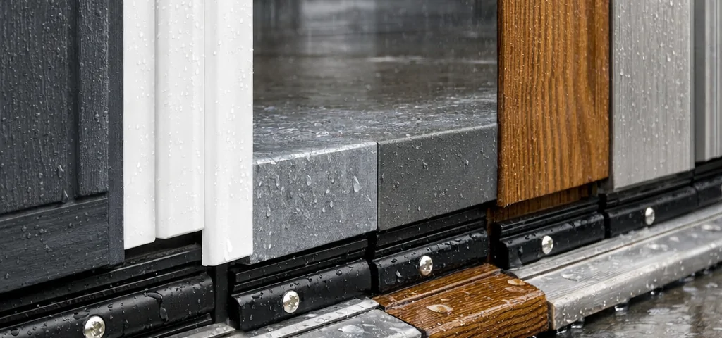 Cinco puertas de entrada resistentes a la humedad, con sellos y drenajes visibles bajo la lluvia. Cuales son los tipos de puertas de entrada mas resistentes al desgaste en climas humedos