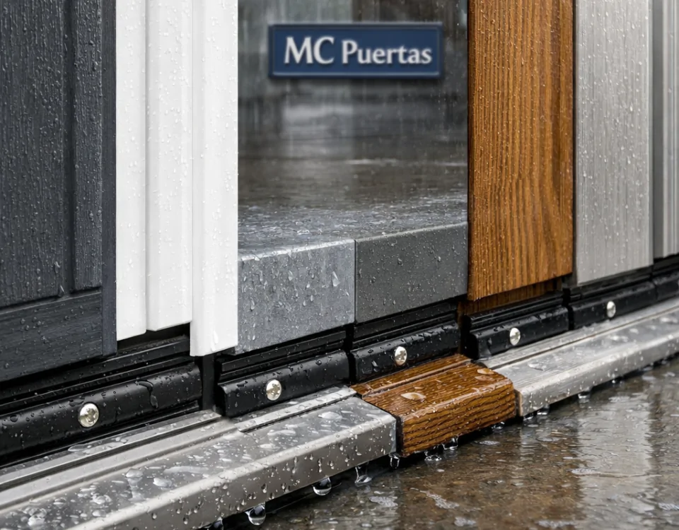 Cinco puertas de entrada resistentes a la humedad, con sellos y drenajes visibles bajo la lluvia. Cuales son los tipos de puertas de entrada mas resistentes al desgaste en climas humedos