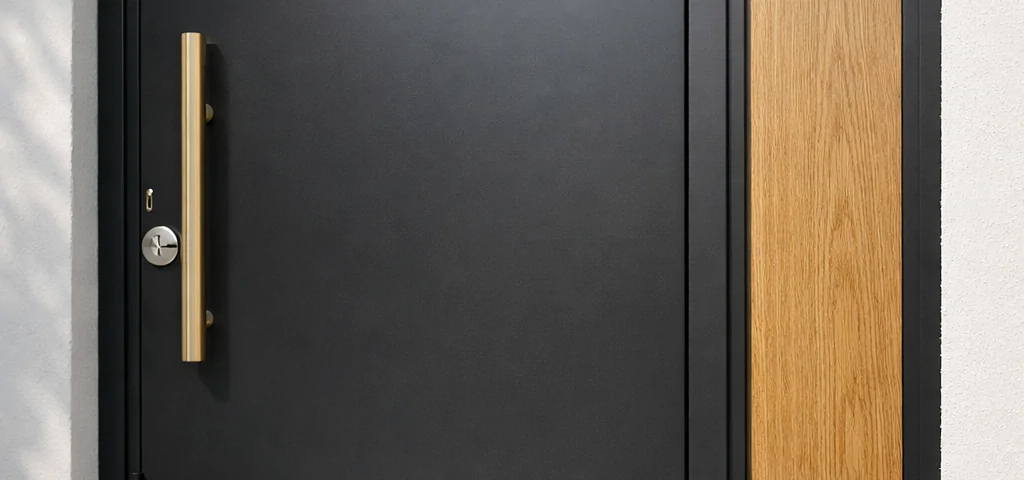Puerta de entrada negra mate con tirador dorado y panel de roble; acabados en tendencia en España: Que acabados de puertas de entrada estan en tendencia en Espana