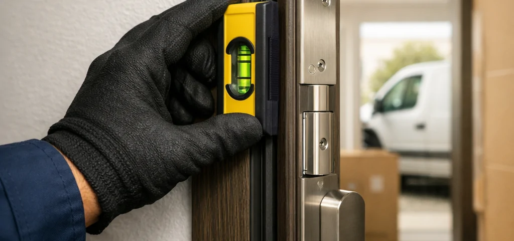 Técnico nivela premarco de puerta blindada en entrada española; servicios de instalación de puertas rápidos y eficientes en España.
