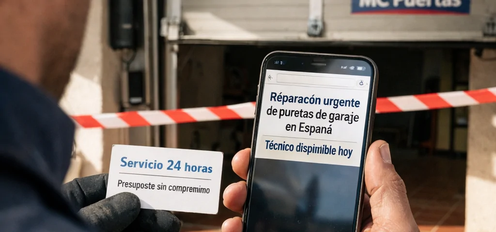 Técnico documenta una avería en garaje español; móvil muestra servicios urgentes. Donde puedo encontrar servicios de emergencia para reparar puertas de garaje en Espana