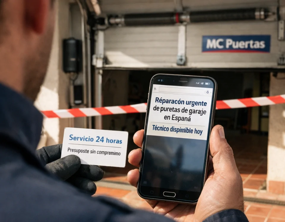 Técnico documenta una avería en garaje español; móvil muestra servicios urgentes. Donde puedo encontrar servicios de emergencia para reparar puertas de garaje en Espana