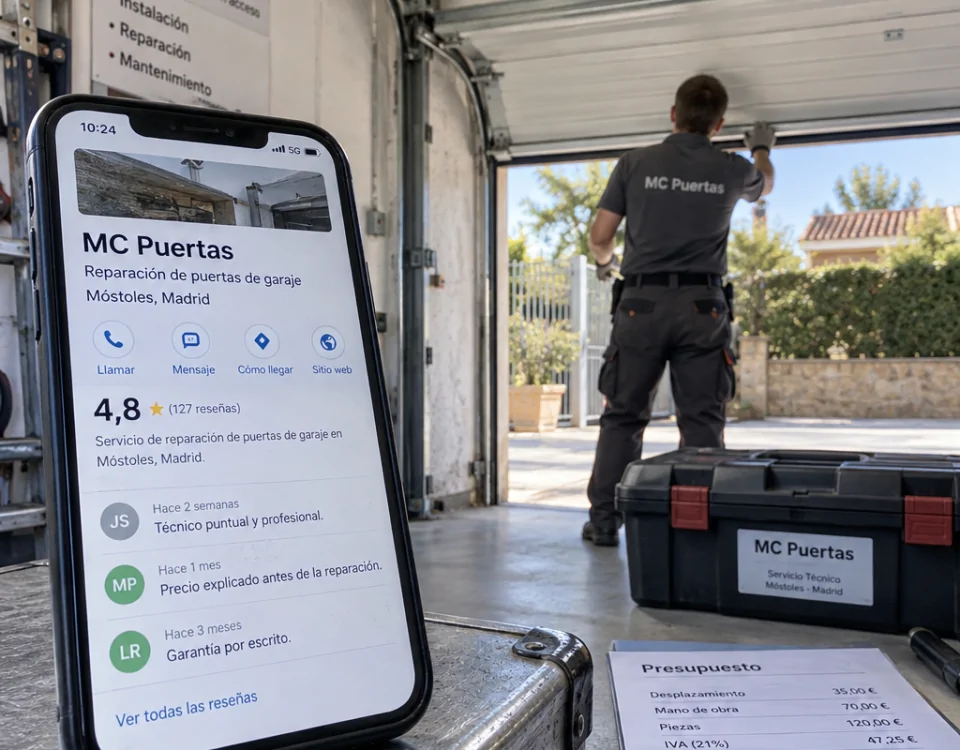 Mu00f3vil con reseu00f1as de reparaciu00f3n de garajes en Mu00f3stoles; tu00e9cnico desenfocado y presupuesto. Que servicios de reparacion de puertas de garaje tienen las mejores resenas en Espana