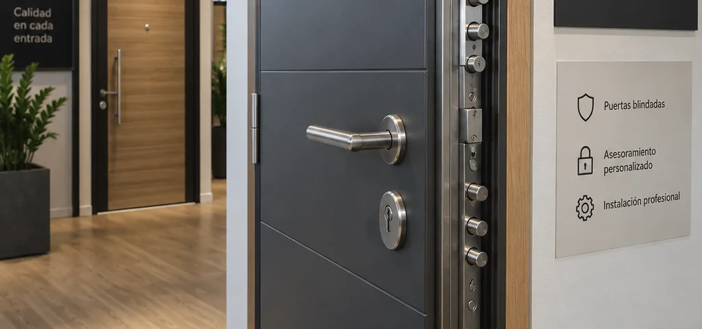 Puerta blindada grafito en showroom espau00f1ol, con herrajes visibles y documentos; Donde encontrar puertas blindadas de diseno moderno