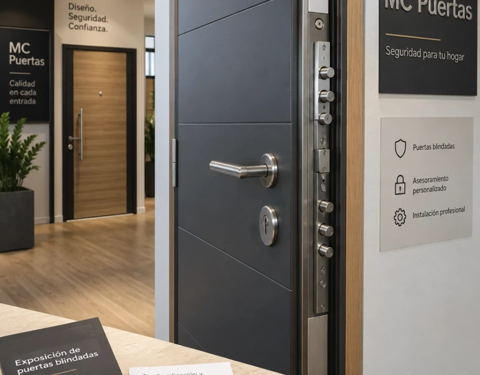 Puerta blindada grafito en showroom espau00f1ol, con herrajes visibles y documentos; Donde encontrar puertas blindadas de diseno moderno