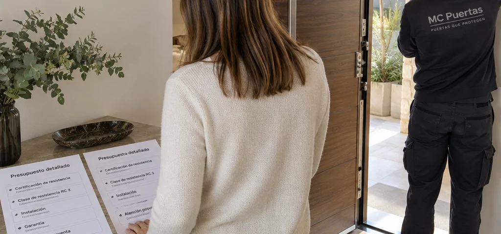 Propietario e instalador revisan presupuestos junto a una puerta de alta seguridad; Cuales son los proveedores mas confiables de puertas de alta seguridad en Espana