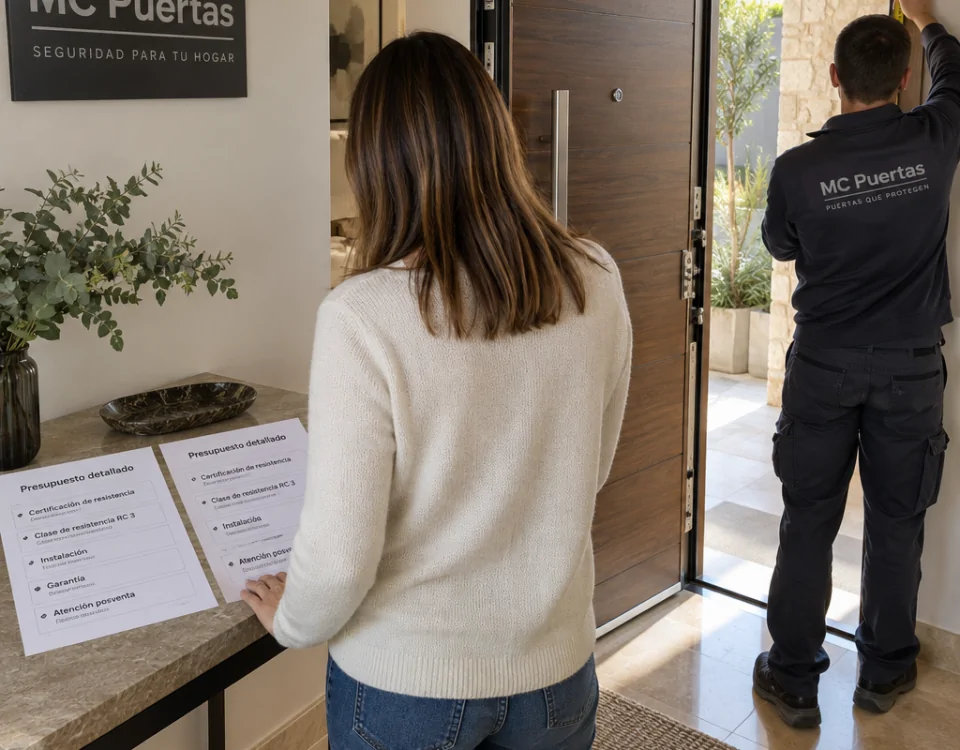 Propietario e instalador revisan presupuestos junto a una puerta de alta seguridad; Cuales son los proveedores mas confiables de puertas de alta seguridad en Espana