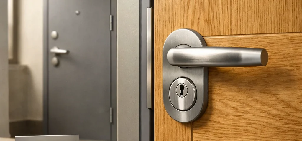 Pasillo espau00f1ol con dos puertas de entrada, una de roble y otra gris, mostrando cerraduras seguras y diseu00f1o; Que tipos de puertas de entrada ofrecen mejor combinacion de seguridad y estetica