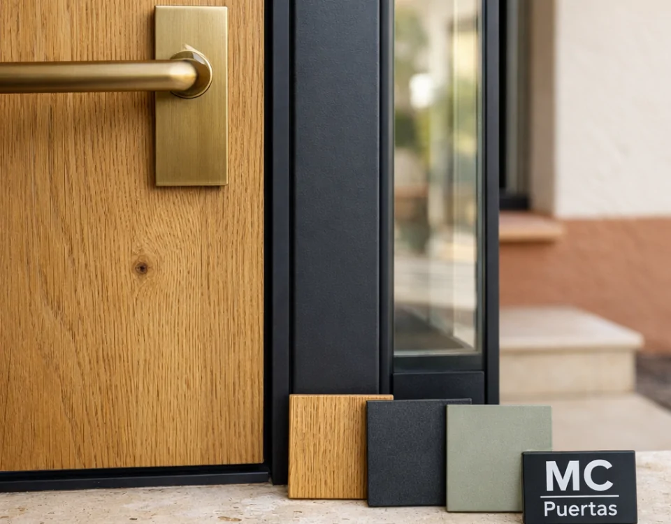 Primer plano de entrada espau00f1ola con puerta de roble, marco negro, vidrio y muestras; Cuales son las mejores opciones esteticas para puertas de entrada en viviendas