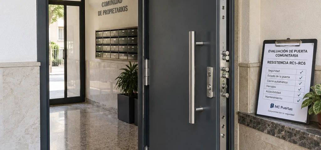 Puerta comunitaria reforzada entreabierta en un portal espau00f1ol, con cerradura multipunto, umbral accesible y cartel de salida. Que considerar al elegir puertas acorazadas para un edificio comunitario