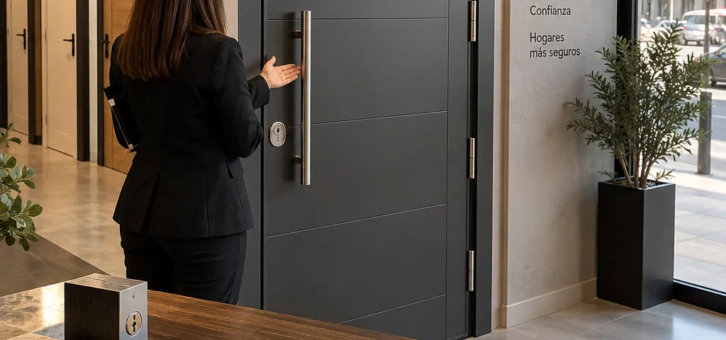 Puerta acorazada gris en exposiciu00f3n, con muestras y catu00e1logo; Donde puedo comprar puertas acorazadas en Espana.